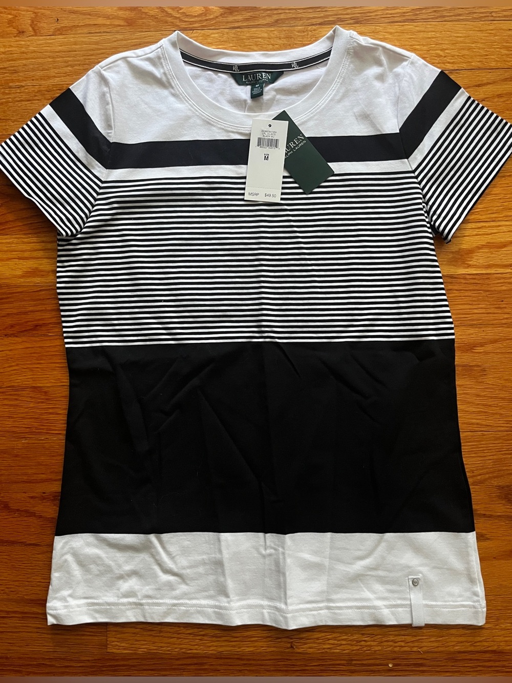 NWT Lauren Ralph Lauren Striped Short Sleeve Tee Shirt Black White Size Medium